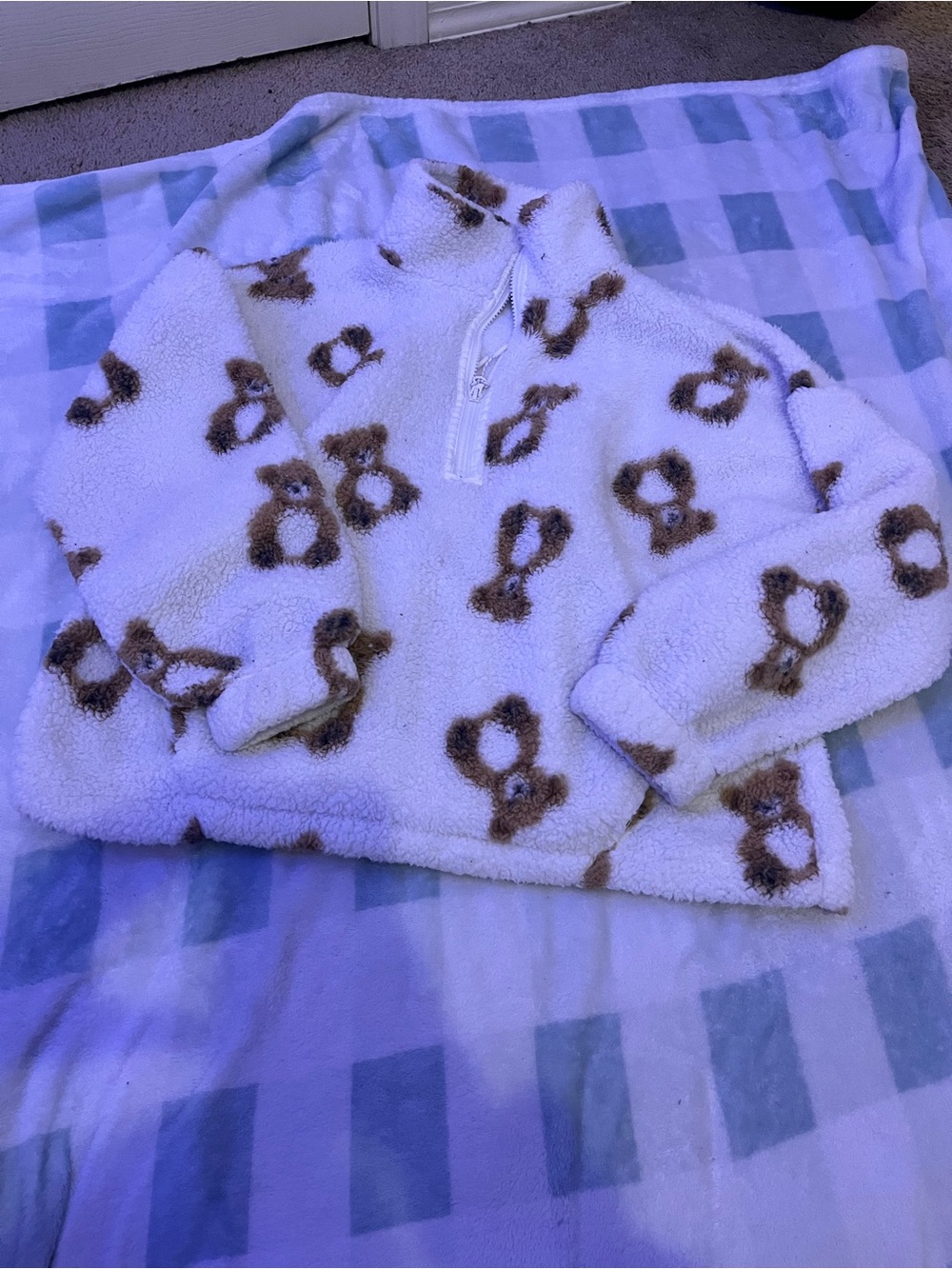 No Boundaries Cream Sherpa Pullover with Brown Bear Print